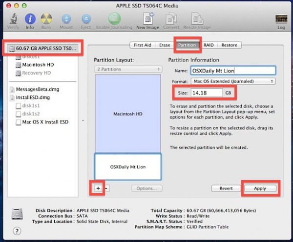 partition for osx mountain lion