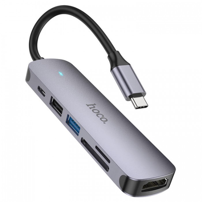 Hoco HB28 Adapter HUB USB-C 6-in-1 (1*USB 3.0, 1*USB 2.0, HDMI, SD, TF, PD) - HDMI 4K Адаптер