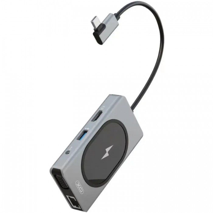 XO HUB008 USB-C HUB 9-in-1 (USB 2.0, USB 3.0, PD 90W, SD, TF, HDMI, AUX, VGA, RJ45, Qi) Адаптер с поддержкой беспроводной зарядки