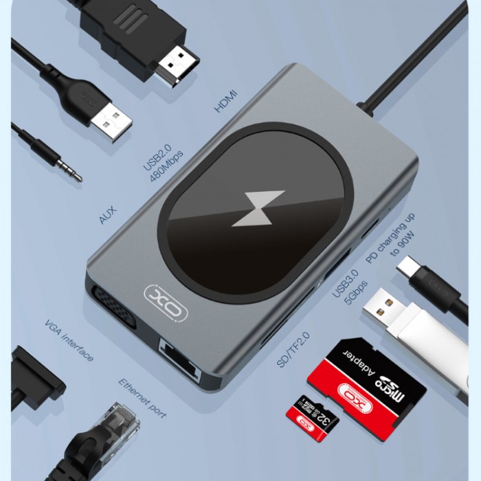 XO HUB007 USB-C HUB 9-in-1 (USB 2.0, USB 3.0, PD 90W, SD, TF, HDMI, AUX, VGA, RJ45, Qi) Адаптер с поддержкой беспроводной зарядки
