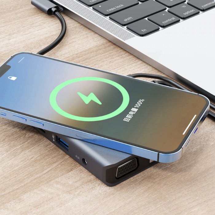 XO HUB007 USB-C HUB 9-in-1 (USB 2.0, USB 3.0, PD 90W, SD, TF, HDMI, AUX, VGA, RJ45, Qi) Адаптер с поддержкой беспроводной зарядки