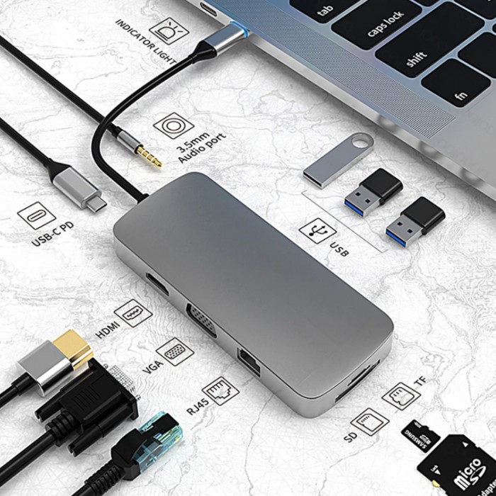 GoojoDoq H58 USB-C HUB 10-in-1 (Ethernet, 3,5мм jack, HDMI, VGA, SD, TF, USB-A, PD) Адаптер
