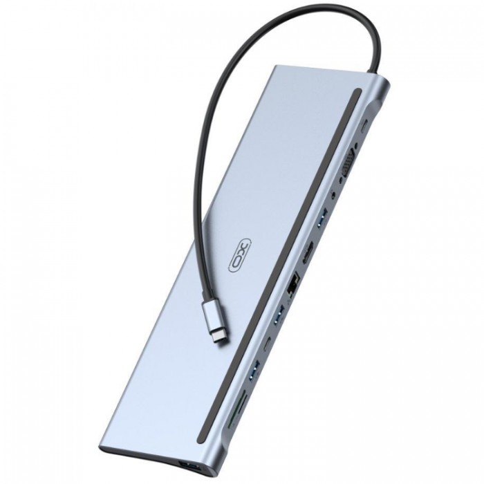 XO HUB010 USB-C HUB 12-in-1 (3*USB 2.0, 1*USB 3.0, 2* USB-C PD 90W, SD, TF, HDMI, AUX, VGA, RJ45) Адаптер