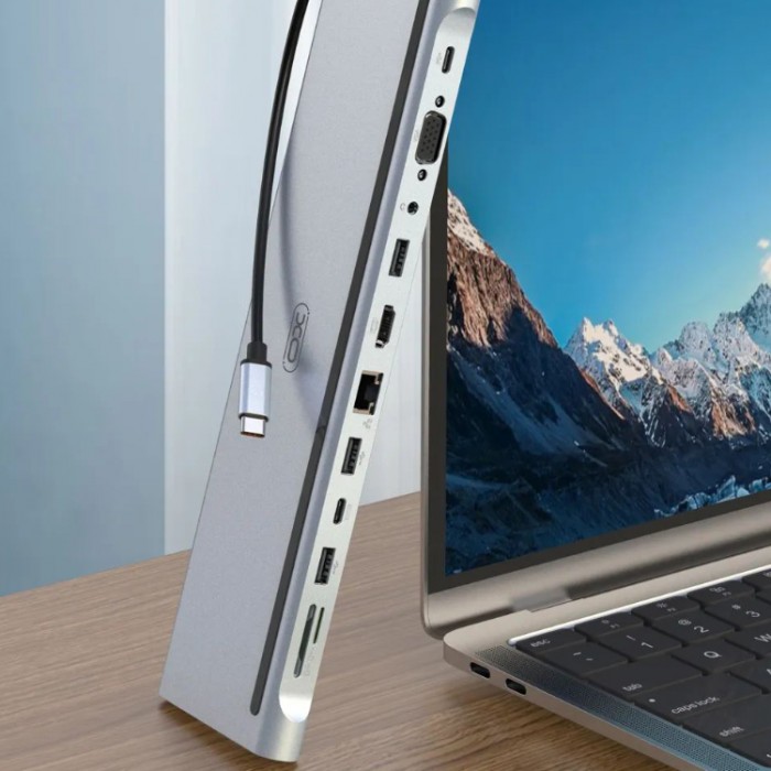 XO HUB010 USB-C HUB 12-in-1 (3*USB 2.0, 1*USB 3.0, 2* USB-C PD 90W, SD, TF, HDMI, AUX, VGA, RJ45) Адаптер