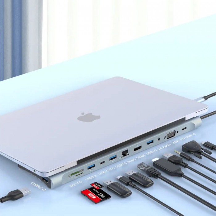 XO HUB010 USB-C HUB 12-in-1 (3*USB 2.0, 1*USB 3.0, 2* USB-C PD 90W, SD, TF, HDMI, AUX, VGA, RJ45) Адаптер