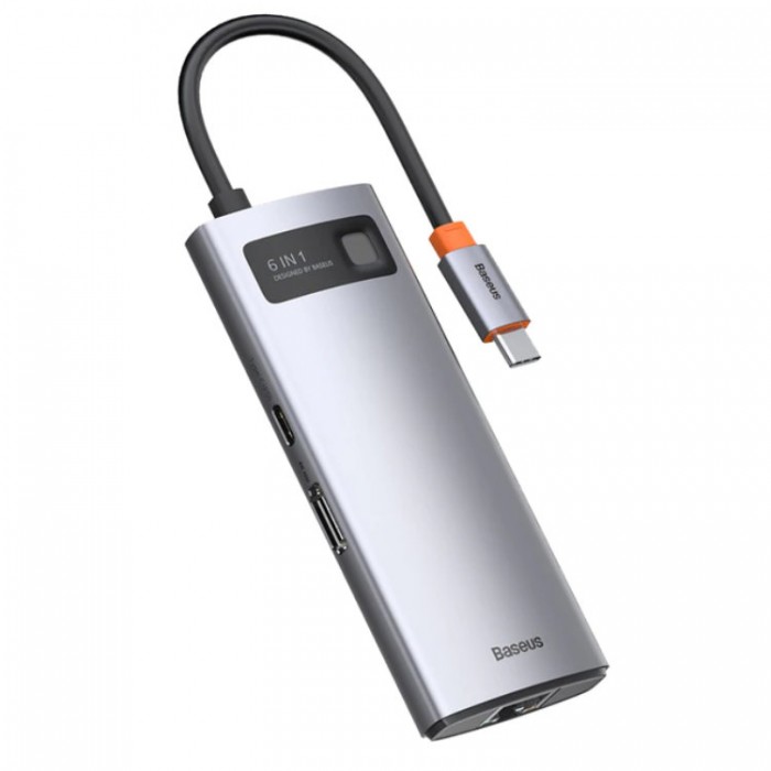 Baseus Metal Gleam Series USB-C HUB 6-in-1 (USB 3.0*3, HDMI 4K, RJ45, PD) Адаптер
