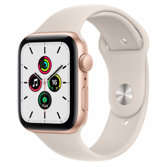 Apple Watch SE, 44 мм, Умные часы Корпус из алюминия и спортивный ремешок Сияющая звезда (MKQ53)