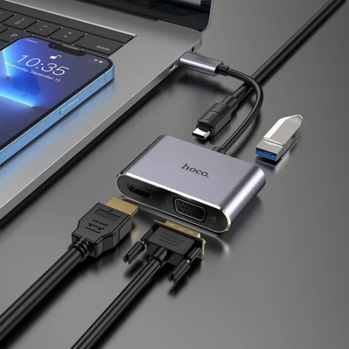 Hoco HB30 Eco Type-C multi-function converter USB-C HUB 4-in-1 (1*USB 3.0, HDMI, VGA, PD) Адаптер