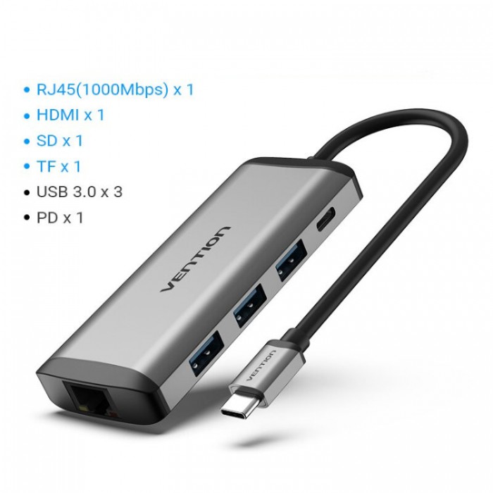 Vention USB-C Docking Station 8-in-1 (3*USB 3.0, HDMI, RJ45, TF, SD, PD) Адаптер