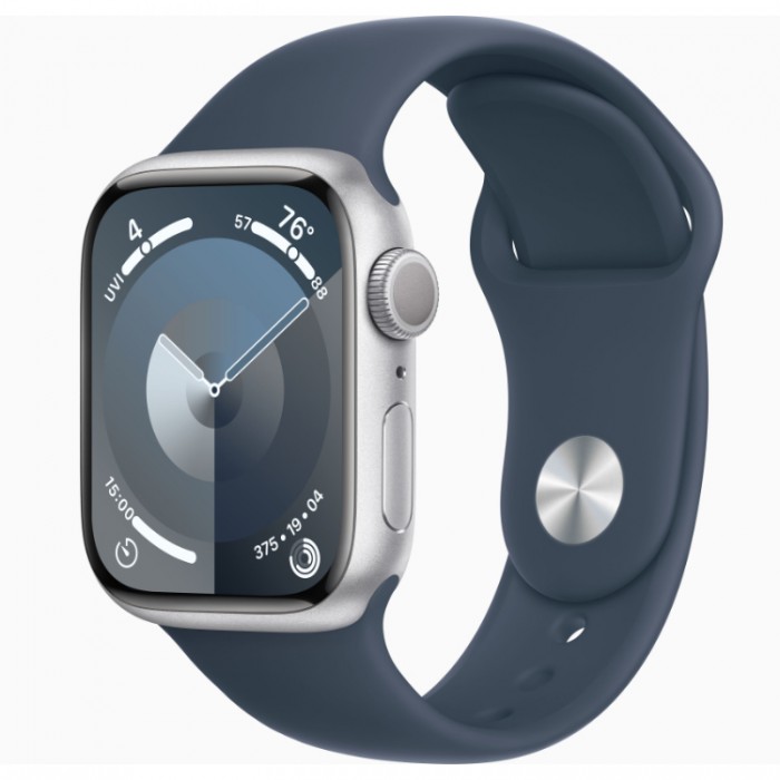 Apple Watch Series 9, 41 мм, Умные часы Корпус из серебристого цвета, спортивный ремешок Штормовой синий