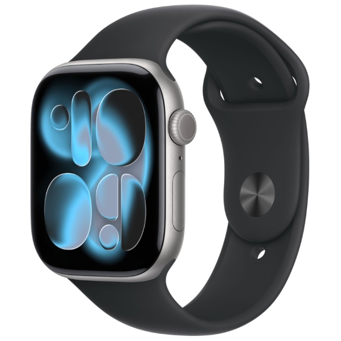 Apple Watch Series 11, 46 мм, Умные часы Корпус из алюминия Серый космос, спортивный ремешок Черный