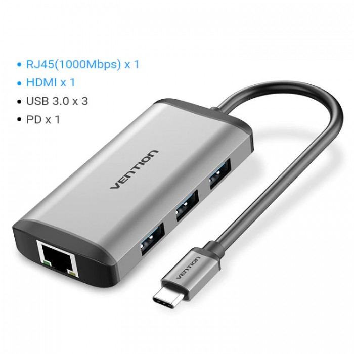Vention USB-C Docking Station 6-in-1 (3*USB 3.0, HDMI, RJ45, PD) Адаптер