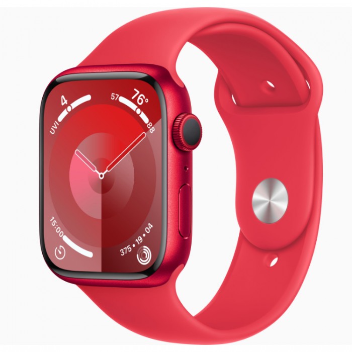 Apple Watch Series 9, 45 мм, Умные часы Корпус из серебристого цвета, спортивный ремешок Штормовой синий