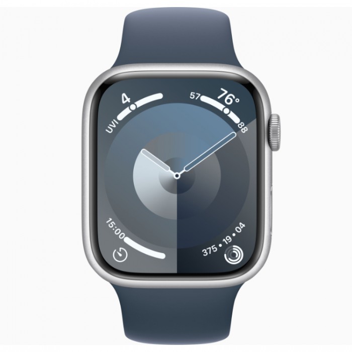 Apple Watch Series 9, 45 мм, Умные часы Корпус из серебристого цвета, спортивный ремешок Штормовой синий