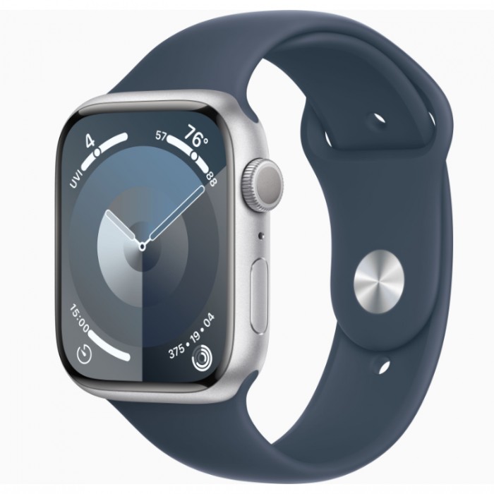 Apple Watch Series 9, 45 мм, Умные часы Корпус из серебристого цвета, спортивный ремешок Штормовой синий