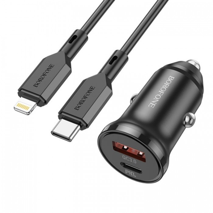 Borofone BZ18A PD20W+QC3.0 USB + USB-C + Кабель USB Type C - Lightning Автомобильное зарядное устройство