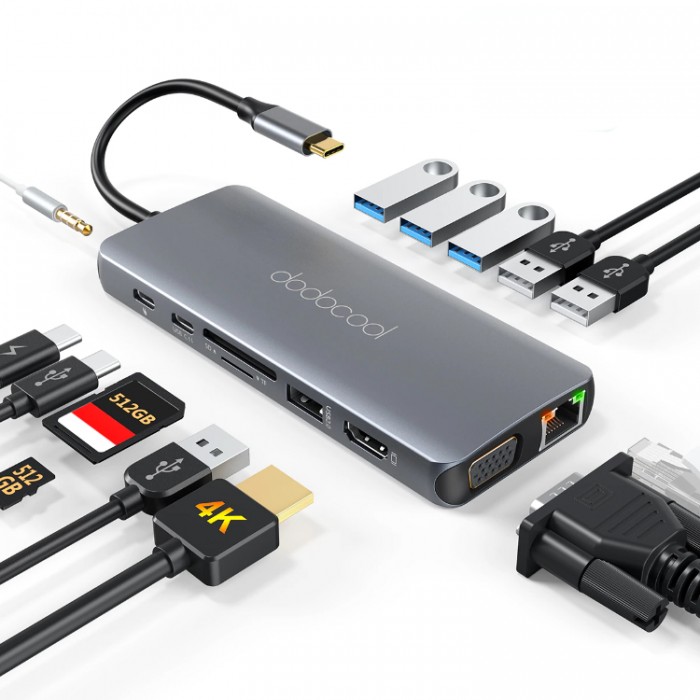 Dodocool USB-C HUB 14-in-1 (USB, HDMI, SD, TF, Ethernet, VGA, USB-C, 3,5mm jack) Адаптер
