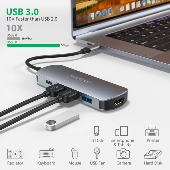 Dodocool DC76 USB-C HUB 7-in-1 (3*USB 3.0, HDMI 4K, PD, SD, TF) Адаптер