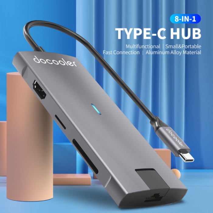 Docooler USB-C HUB 8-in-1 (USB, HDMI, SD, TF, Ethernet) Адаптер
