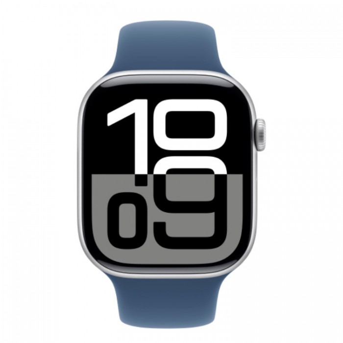 Apple Watch Series 10, 46 мм, Умные часы Корпус из алюминия серебристого цвета, спортивный ремешок цвета «Синий деним»