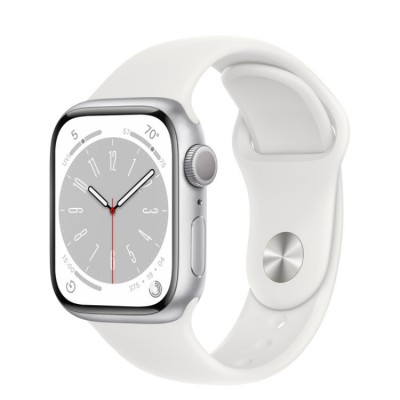 Apple Watch Series 8, 41 мм, Умные часы Корпус из алюминия Серебристого цвета, спортивный ремешок Белого цвета (MP6K3)