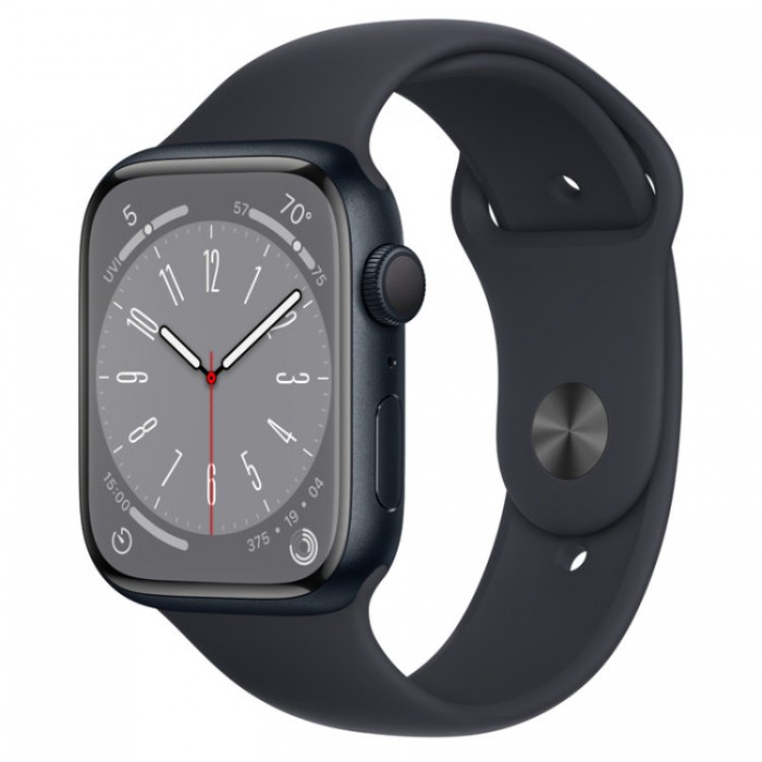 Apple Watch Series 8, 45 мм, Умные часы Корпус из алюминия цвета Темная ночь, спортивный ремешок Темная ночь (MNP83)