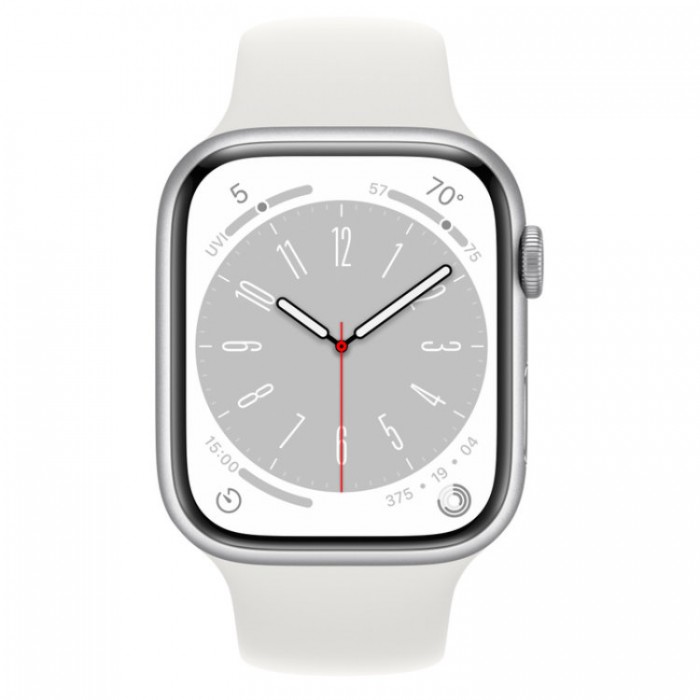Apple Watch Series 8, 45 мм, Умные часы Корпус из алюминия Серебристого цвета, спортивный ремешок Белого цвета (MP6N3)