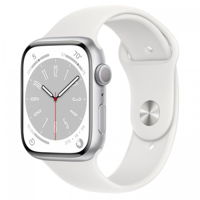 Apple Watch Series 8, 45 мм, Умные часы Корпус из алюминия Серебристого цвета, спортивный ремешок Белого цвета (MP6N3)