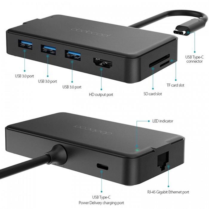 Dodocool DC46 USB-C HUB 8-in-1 (USB, HDMI, SD, TF, Ethernet) Адаптер