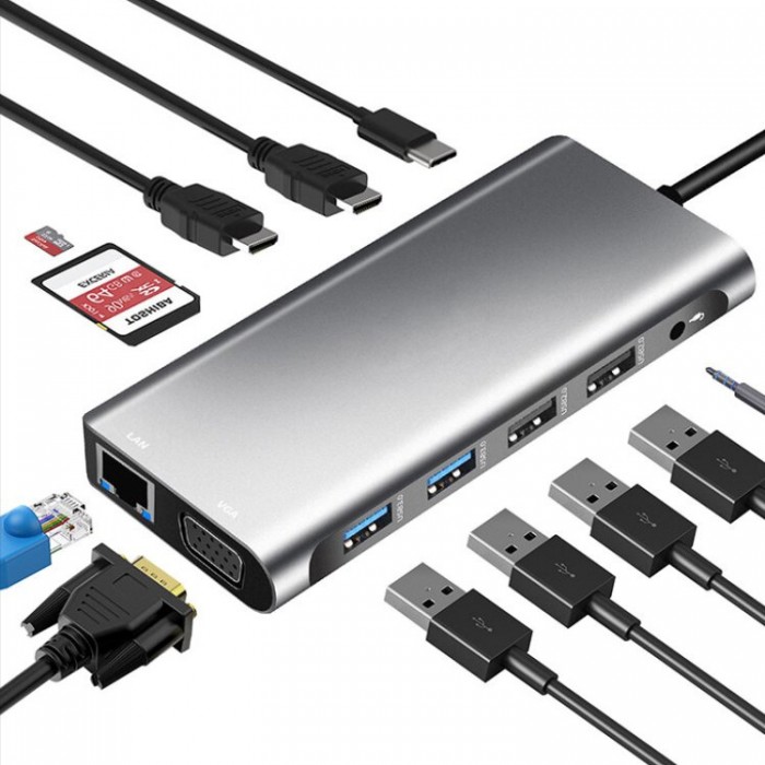 Hoco USB-C Multifunction Adapter 12-in-1 (3,5мм джек, USB 2.0, USB 3.0, SD/TF, HDMI 4K, Ethernet, VGA) Адаптер