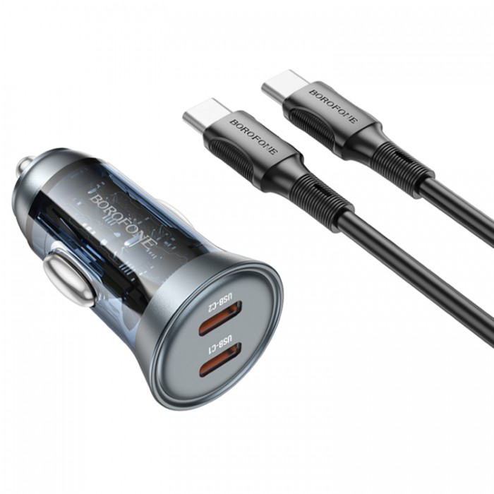 Borofone BZ26B Discovery 2xUSB-С PD45W, 3A + кабель USB-C-Lightning Автомобильное зарядное устройство 