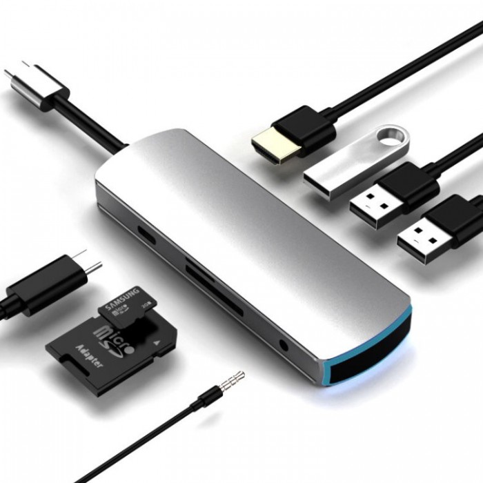Hoco USB-C Multifunction Adapter 8-in-1 (3,5мм джек, USB 3.0, SD/TF, HDMI 4K) Адаптер