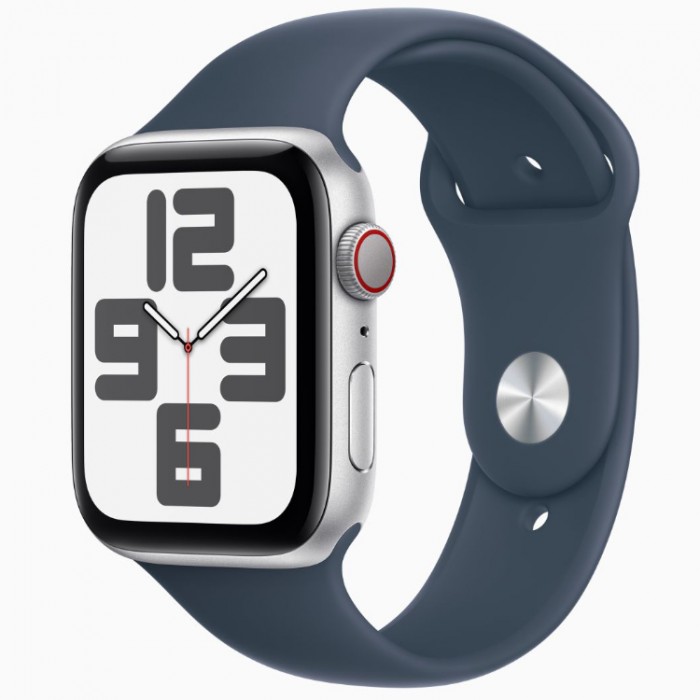 Apple Watch SE 2, 44 мм, Умные часы Корпус из алюминия Серебристого цвета, спортивный ремешок Синего цвета