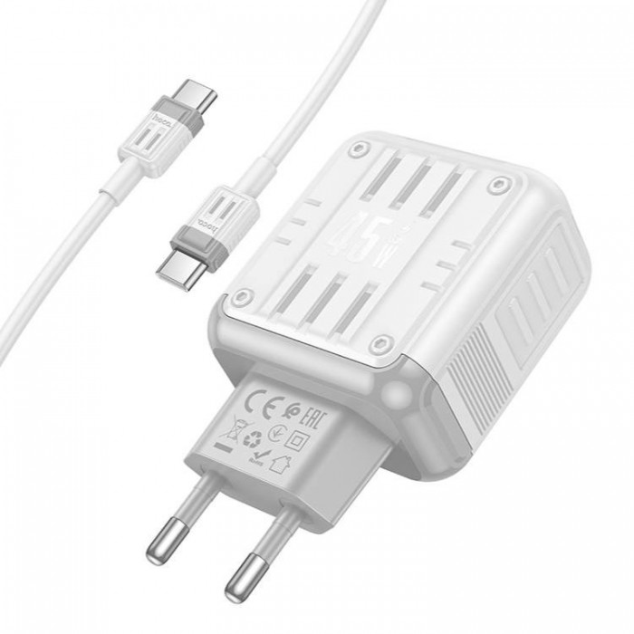 Hoco C136A Rock PD45W+QC3.0 45W 3.0 USB-USB-C + кабель Type-C-Type-C (45 Вт) Сетевое зарядное устройство