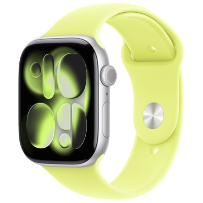 Apple Watch Series 11, 42 мм, Умные часы Корпус из алюминия Серебристый, спортивный ремешок Неоновый желтый