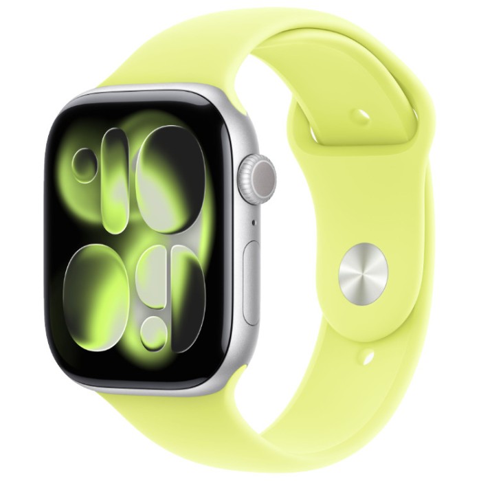 Apple Watch Series 11, 42 мм, Умные часы Корпус из алюминия Серебристый, спортивный ремешок Неоновый желтый