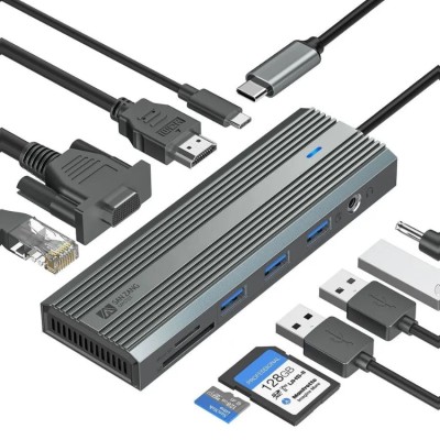 Sanzang SZPW-10P USB-C HUB 10-in-1 (HDMI, Ethernet, VGA, USB-C, USB-A 3.0*3, 3,5мм джек, SD, TF) Адаптер