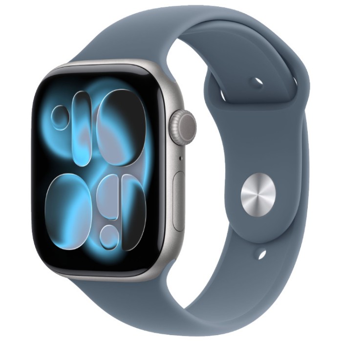 Apple Watch Series 11, 46 мм, Умные часы Корпус из алюминия Серый космос, спортивный ремешок Штормовой синий