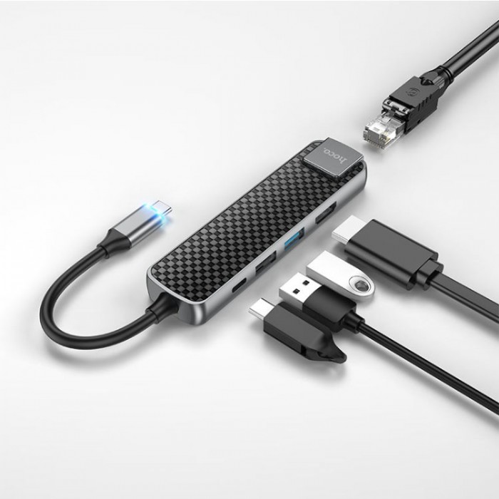 Hoco HB23 Easy view USB-C HUB 5-in-1 (1*USB 3.0, 1*USB 2.0, HDMI, Ethernet, PD) Адаптер