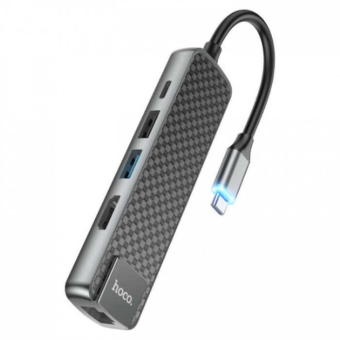 Hoco HB23 Easy view USB-C HUB 5-in-1 (1*USB 3.0, 1*USB 2.0, HDMI, Ethernet, PD) Адаптер