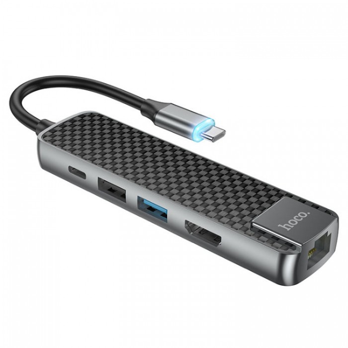 Hoco HB23 Easy view USB-C HUB 5-in-1 (1*USB 3.0, 1*USB 2.0, HDMI, Ethernet, PD) Адаптер